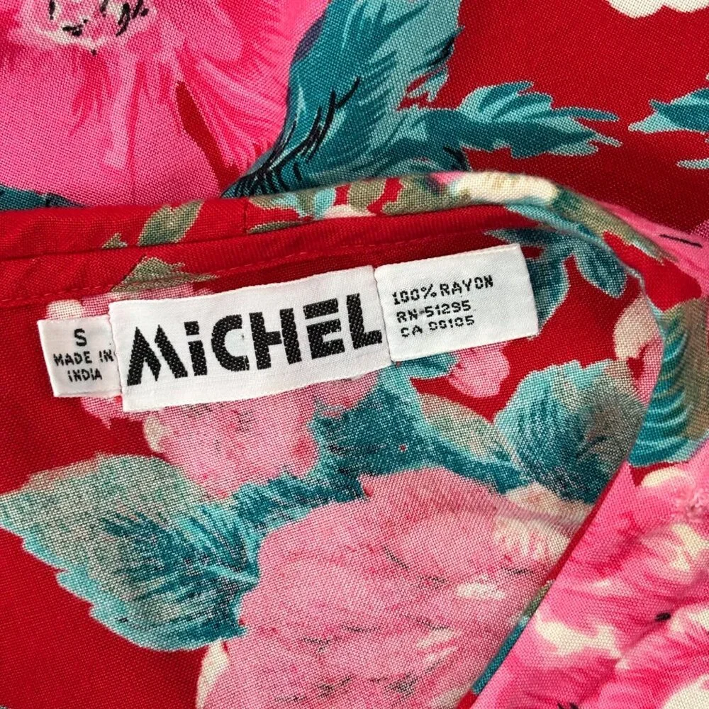 Vintage 90s Floral Blouse Women's Medium Red Pink Print Rayon Necktie Top - Picture 6 of 11